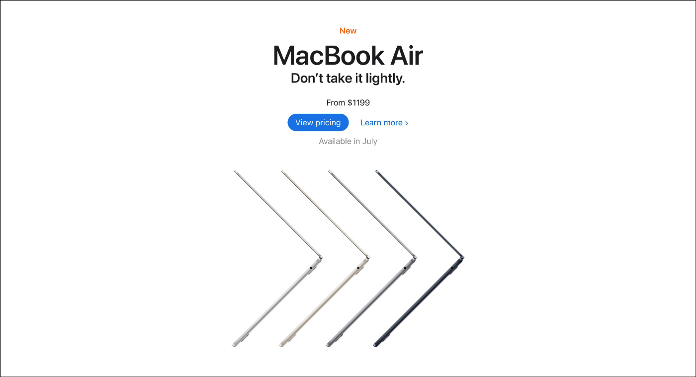 Apple 网站 MacBook Air 页面使用负空间来创建强烈的兴趣焦点。