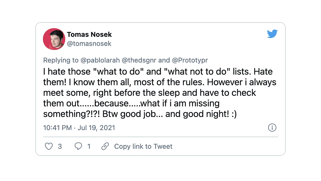 来自 Tomas Nosek 的推文，说我讨厌那些该做什么和不该做什么的清单。 讨厌他们！ 我都知道，大部分规则。 但是我总是遇到一些，就在睡觉前，必须检查一下......因为......如果我错过了什么怎么办？！？！