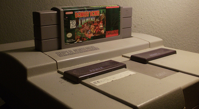 SNES with Donkey Kong Country game
