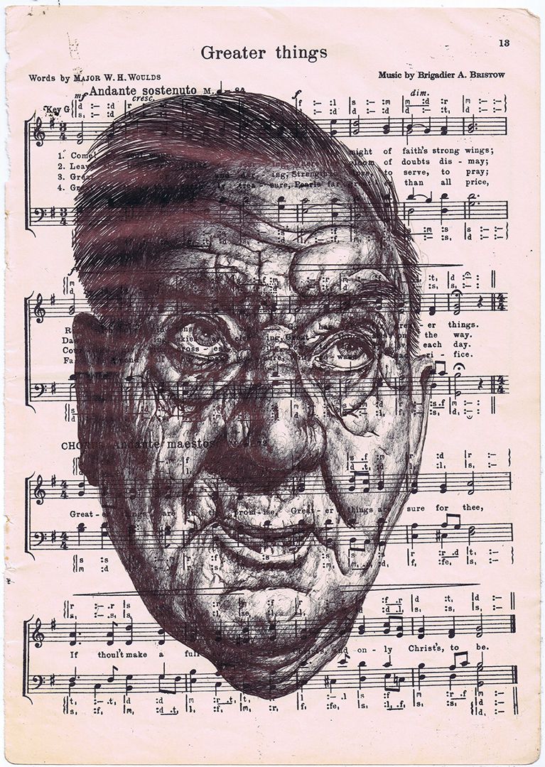 bic biro Drawing on a 1950s music sheet