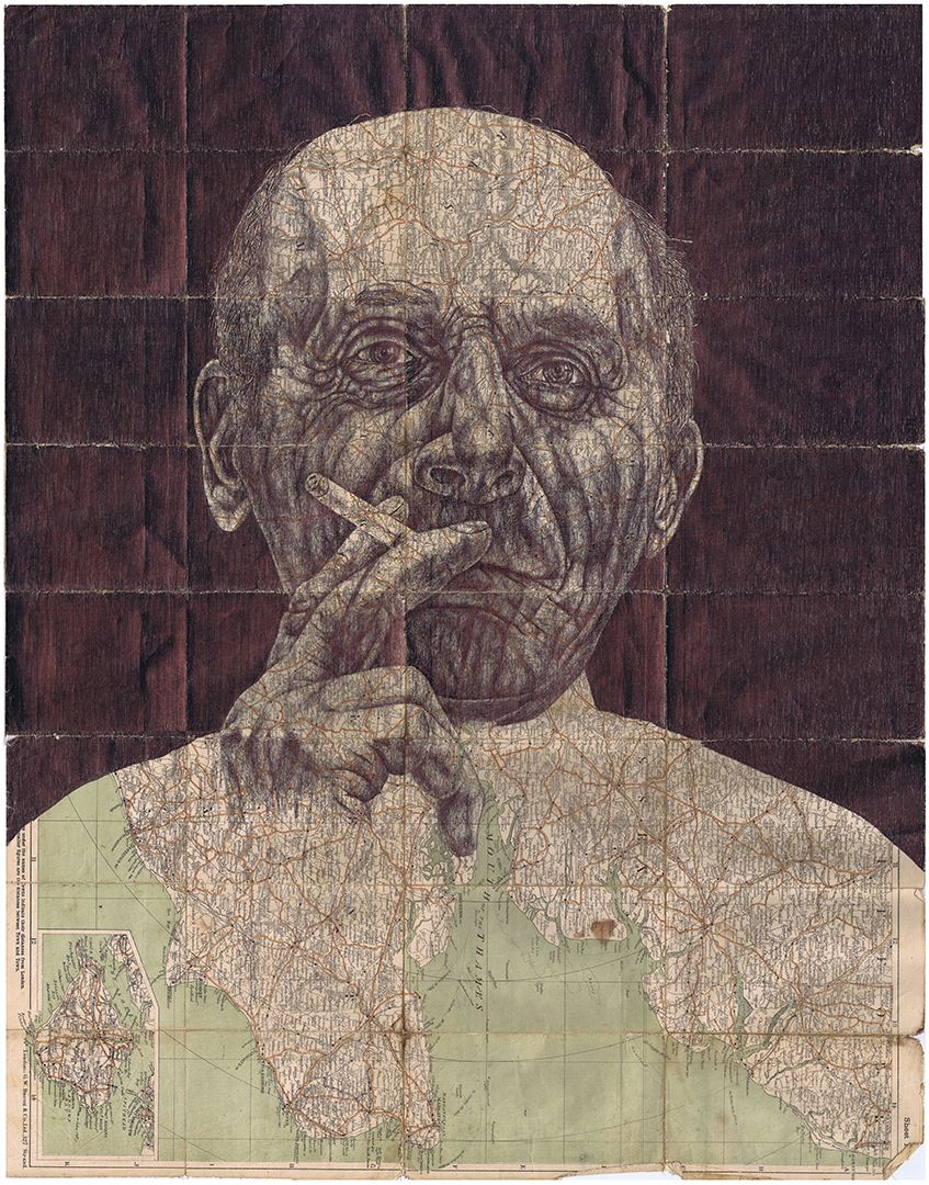bic biro Drawing on an antique map of London