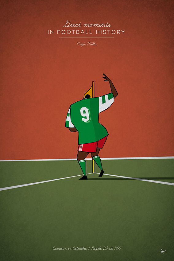 great moments in football illustration series history Roger Milla dancing 1990 world cup cameroon