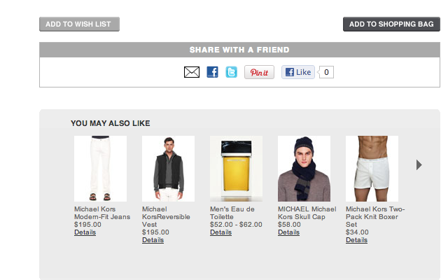 Michael Kors website layout suggested related products eCommerce